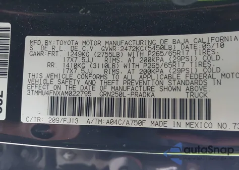 2010 Toyota Tacoma Base V6 z USA, uszkodzony, nr VIN 3TMMU4FNXAM022795